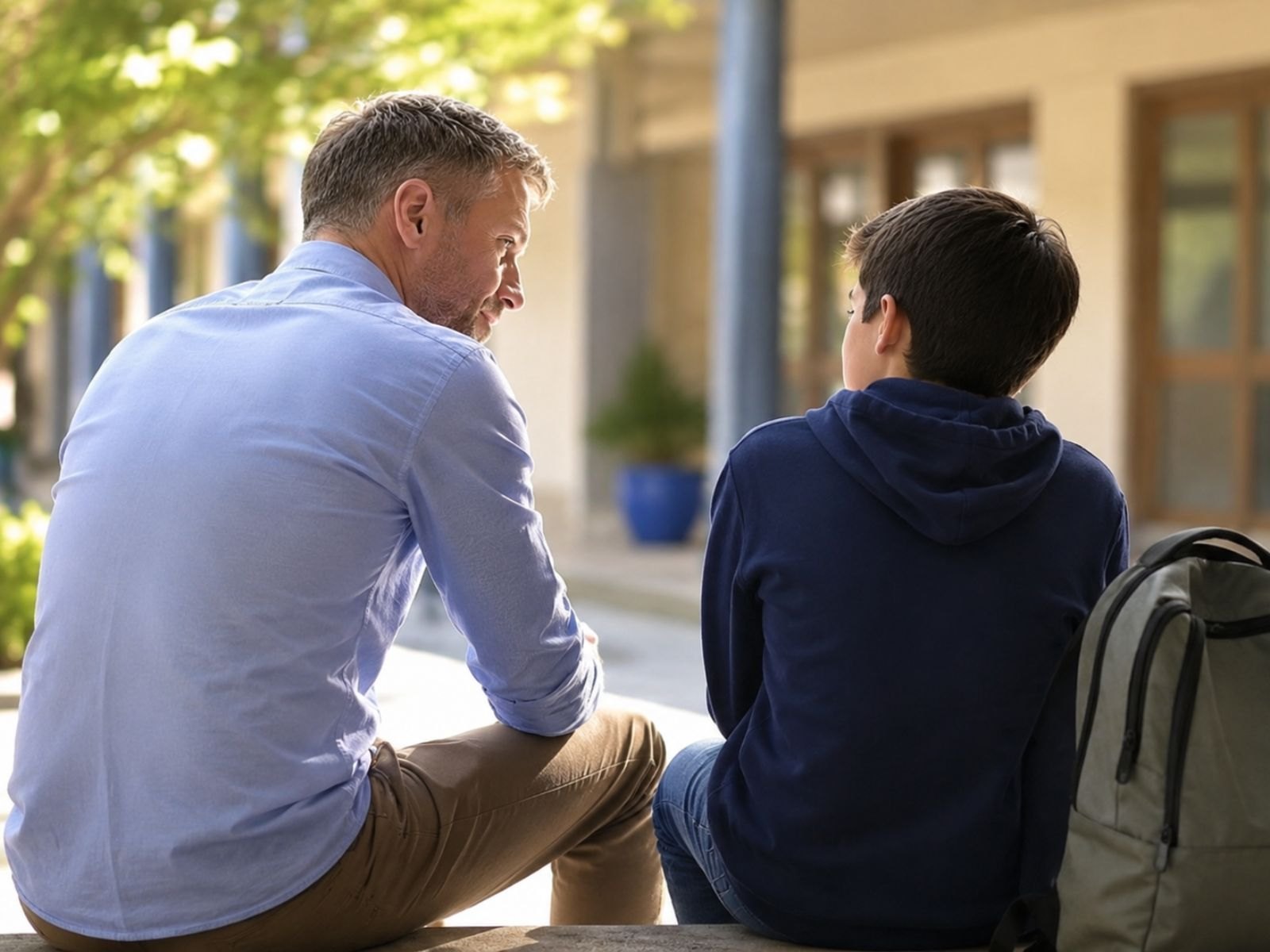Educador conversando con un joven en un patio escolar